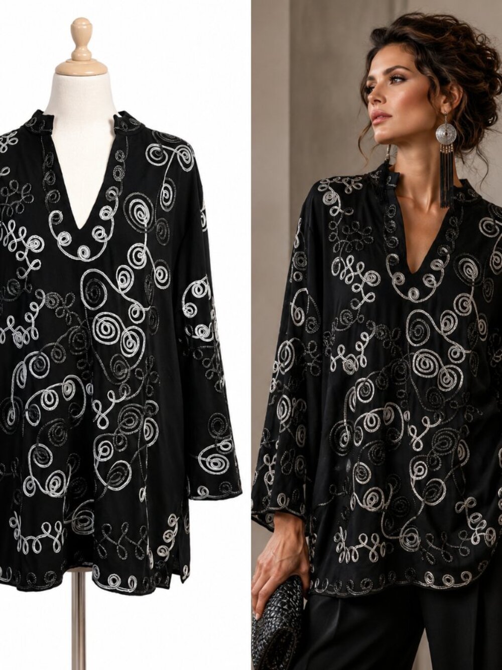 Lauren Michelle XL Swirl Tunic Top BlousebBlack Artsy Lagen Capsule Chic Luxe